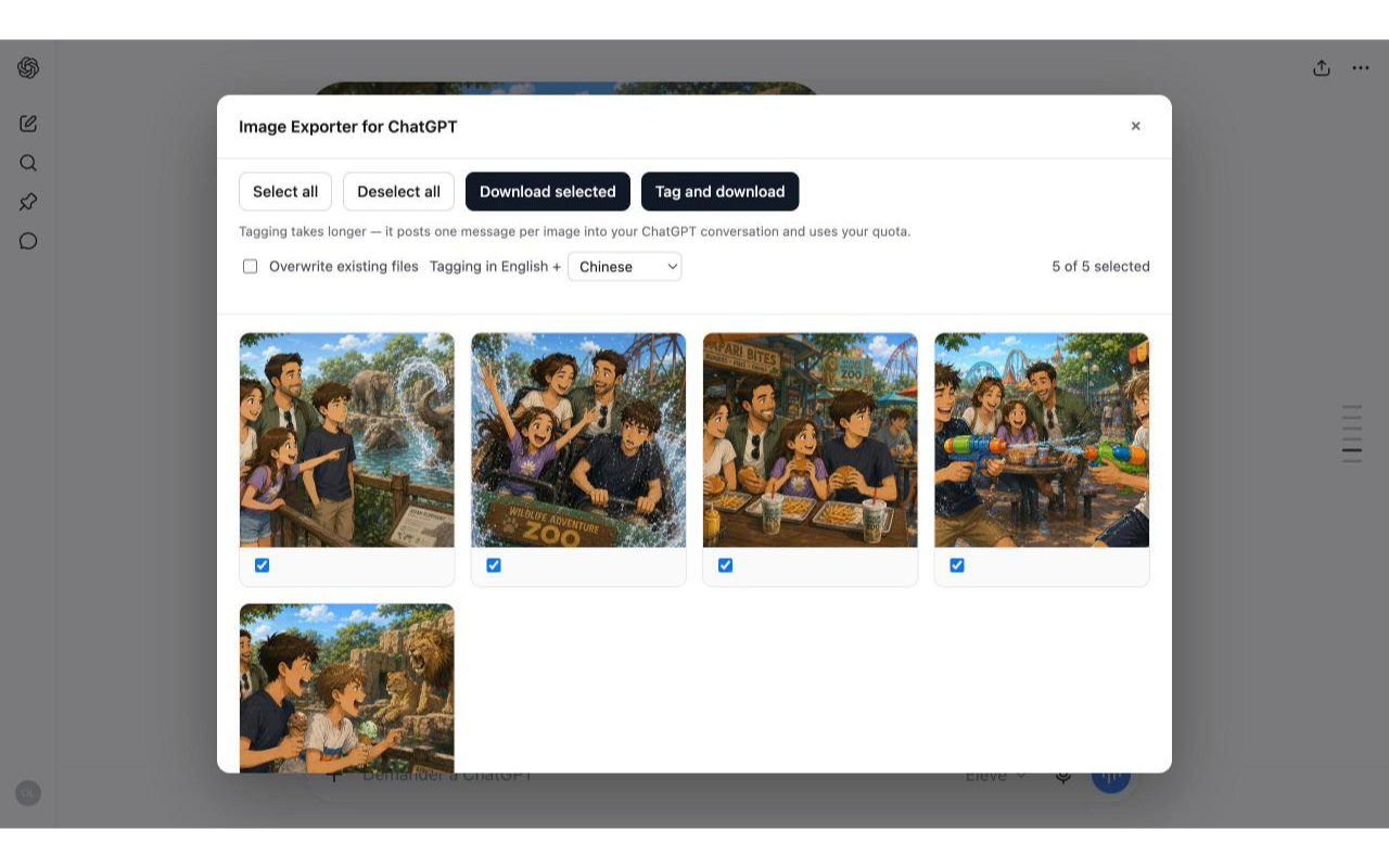 A contact sheet of the AI-generated images found in a ChatGPT conversation, with checkboxes to pick which ones to download.